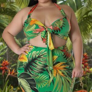 Green tropical Two Piece Set Bra and Skirts Crop Top Summer Beach Outfits